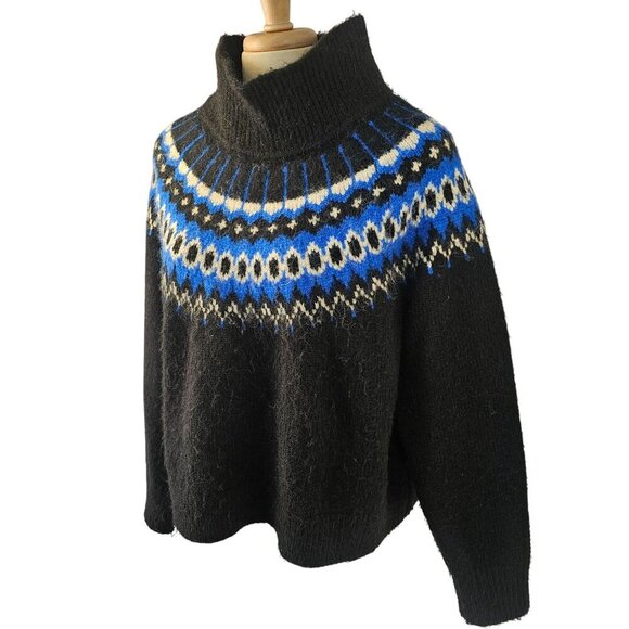 Gap Y2K Heavy Fair Isle Sweater Women Sz L Blue on Black Nylon Blnd High Neck - Picture 1 of 7